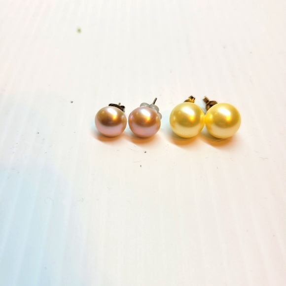 Lot of 10mm champagne and pink pearl stud earrings sterling silver 925 - Picture 1 of 10